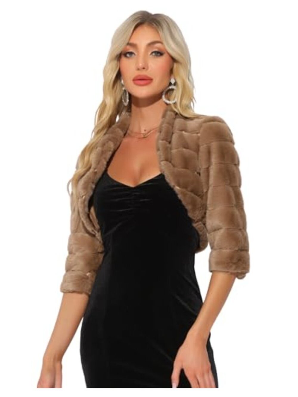 Faux Fur Cropped Bolero Shrug Wedding Open Front 3/4 Sleeve